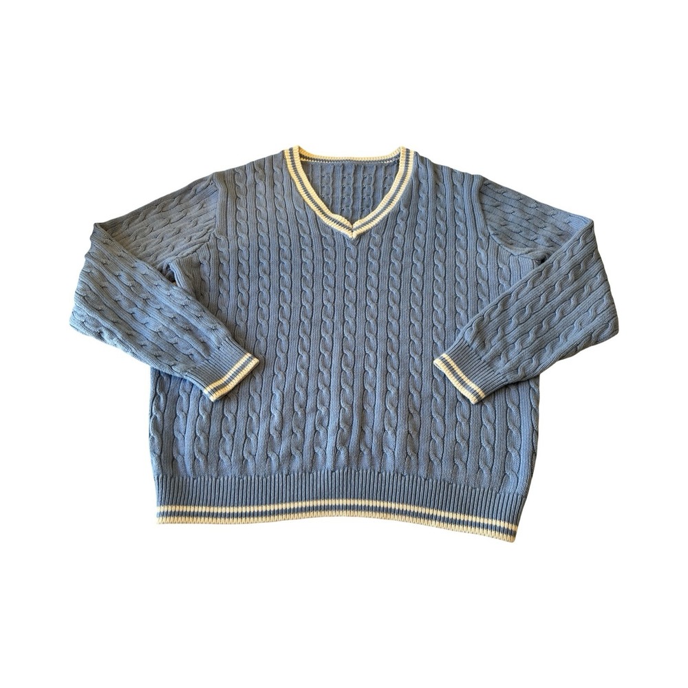 J Galt Shanghai Blue Cable‎ Knit V-Neck Sweater Striped Trim Preppy Pullover